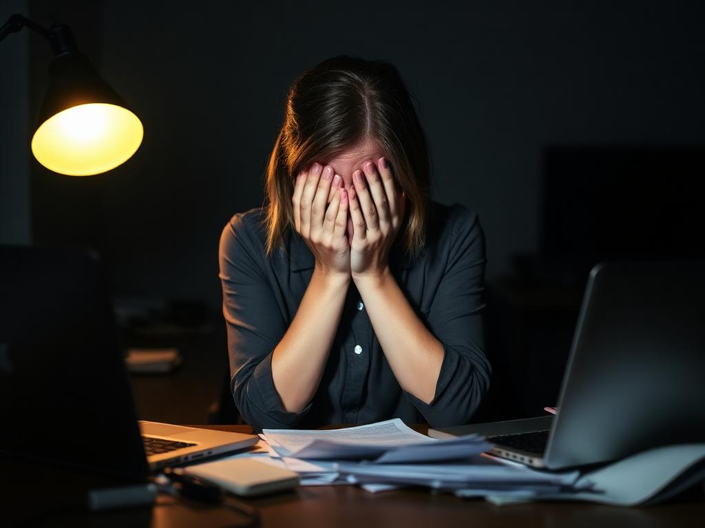 Mulher exausta e chorando na mesa de trabalho à noite