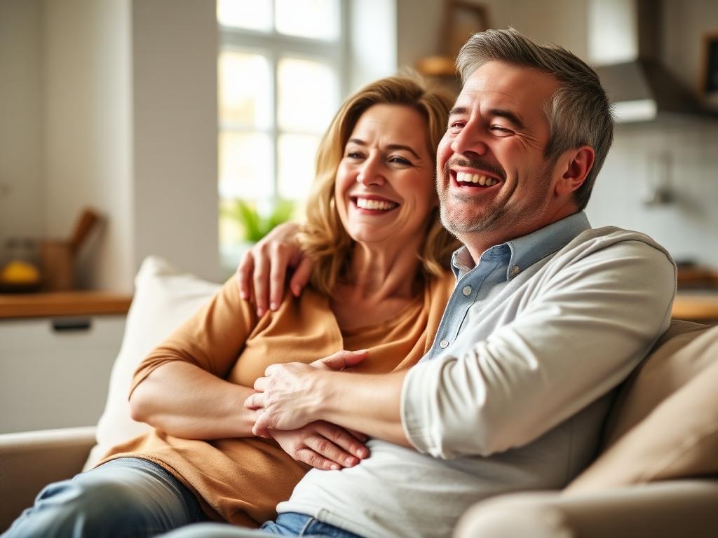 Casal feliz e conectado em casa
