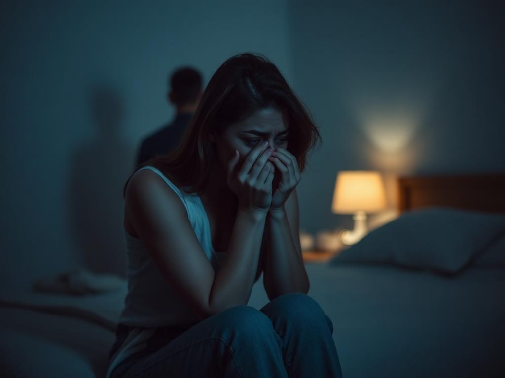 Mulher chorando sozinha enquanto parceiro a ignora